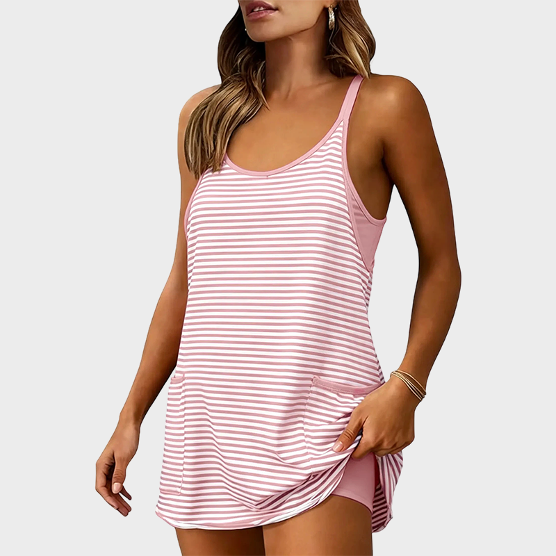 Women's Summer U Neck Sleeveless Striped Mini Dress with Built-in Shorts