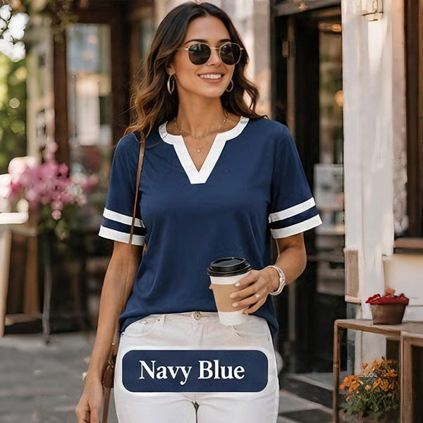 Women's V-Neck Short Sleeve Fitted Cotton Blend Striped Breathable for Daily Wear