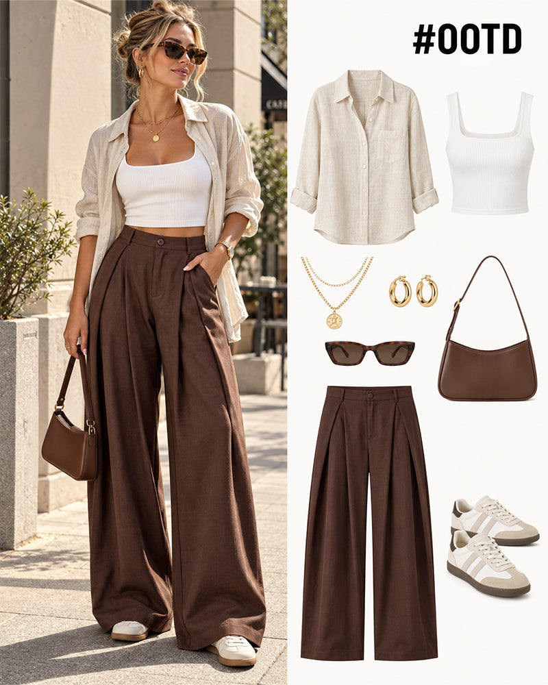 Women's Vintage Wide Leg Pants Elastic Waist Loose