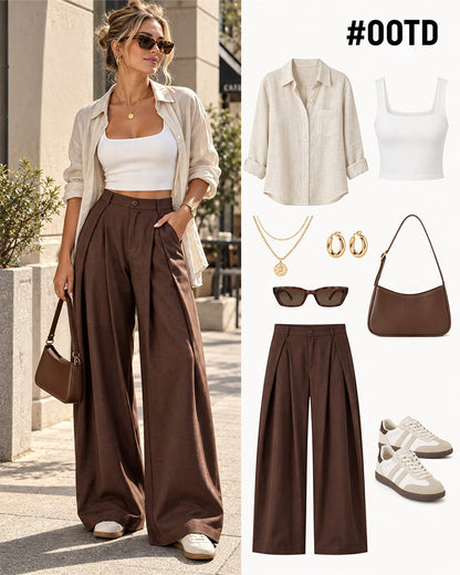 Women's Vintage Wide Leg Pants Elastic Waist Loose