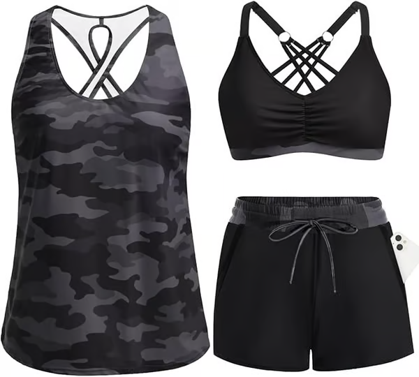 Women's Sporty Tankini Set with Shorts Pockets Athletic Bathing Suit 2026 Modest