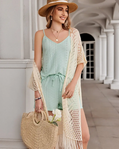Women's Lightweight Crochet Cardigan Oversized Open Front Tassel Kimono