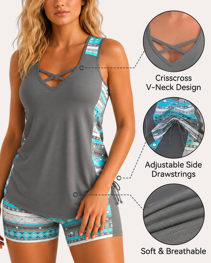 ⏰LAST DAY 50% OFF - Miraclesuit Women's Tummy Control Tankini Set with Built-In Bra – Flattering Boho Swimwear with Shorts