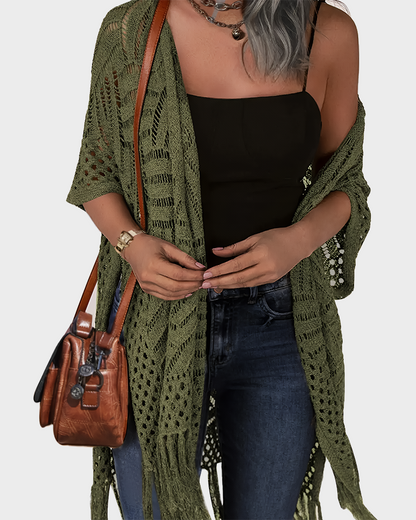 Women's Lightweight Crochet Cardigan Oversized Open Front Tassel Kimono