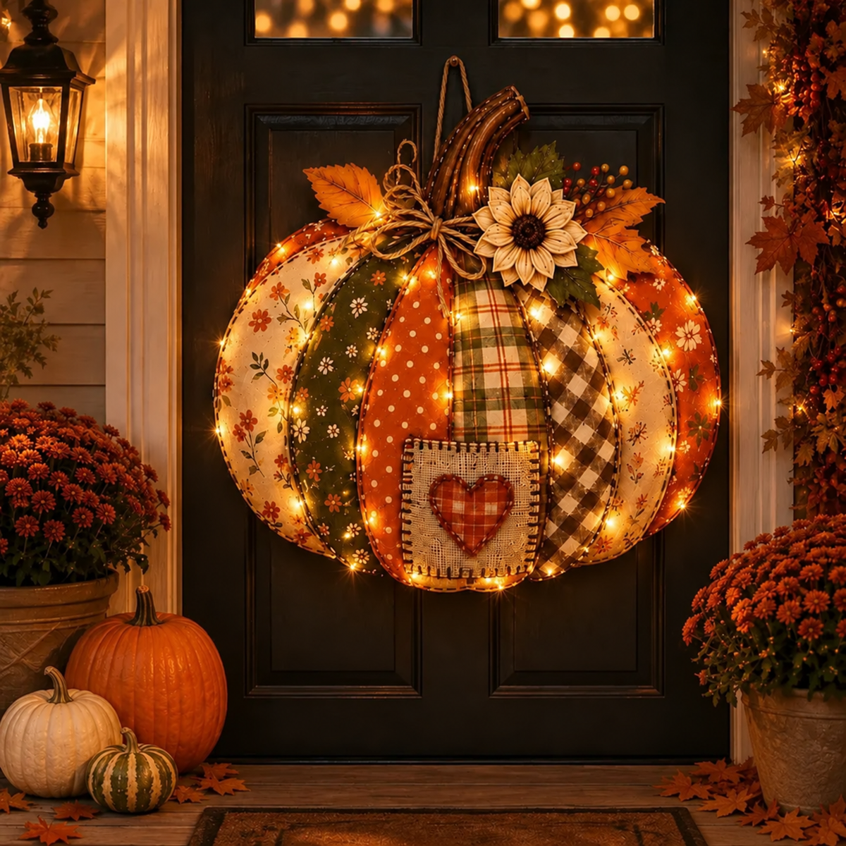 🍂🎃Autumn Retro Patchwork Pumpkin Door Hanging with Lights