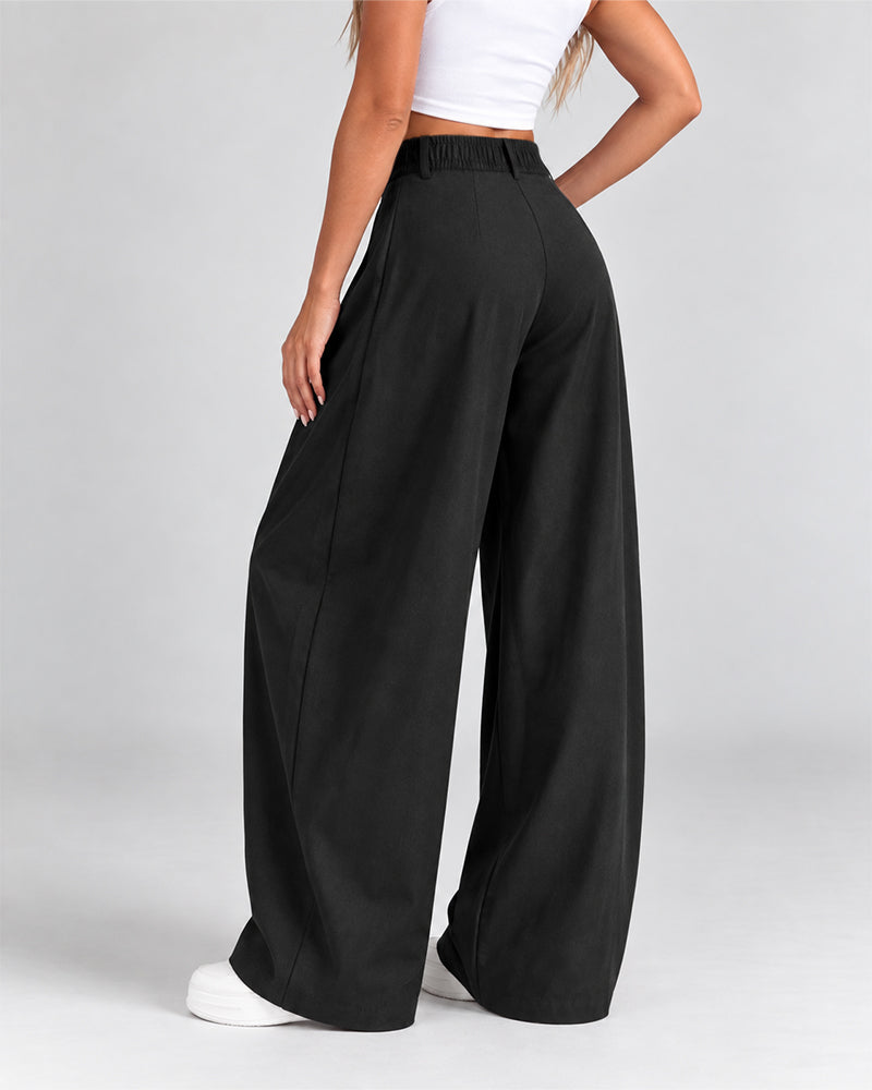 Women's Vintage Wide Leg Pants Elastic Waist Loose