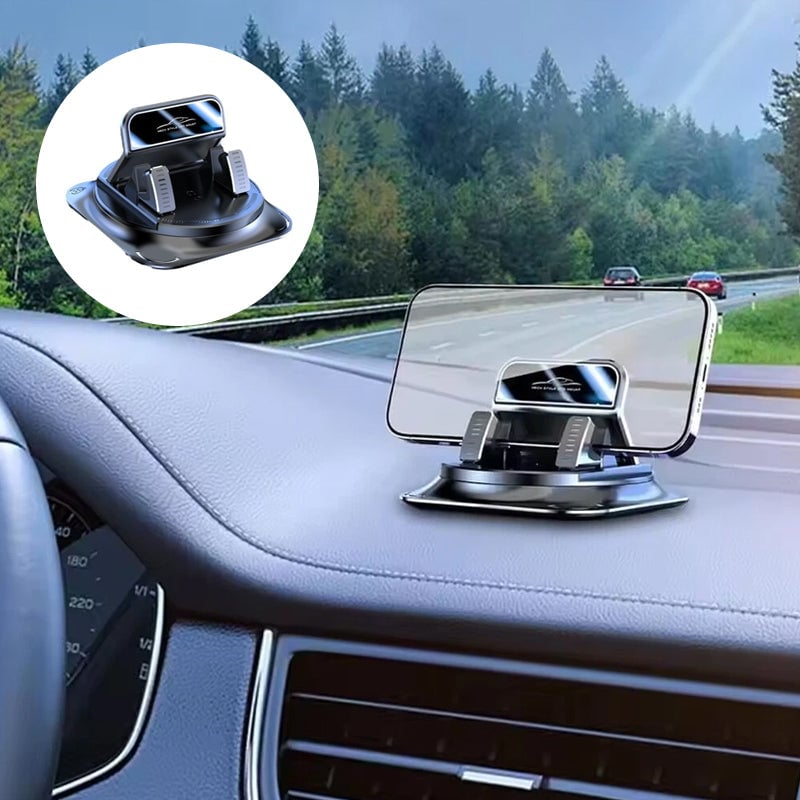 Rotating phone holder positioned on a car dashboard with a phone in landscape view