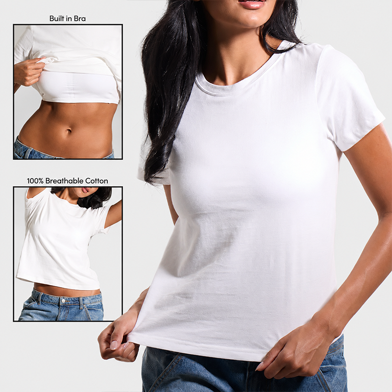 Womens Cotton Tee Boxy Crew Neck with Built in Bra