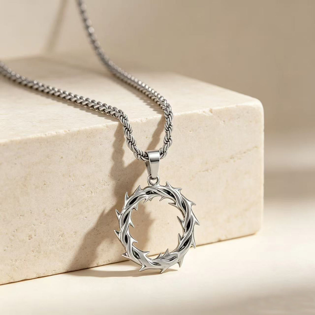 new trendy thorny circle pendant necklace, street-style stainless steel braided chain with a sophisticated look