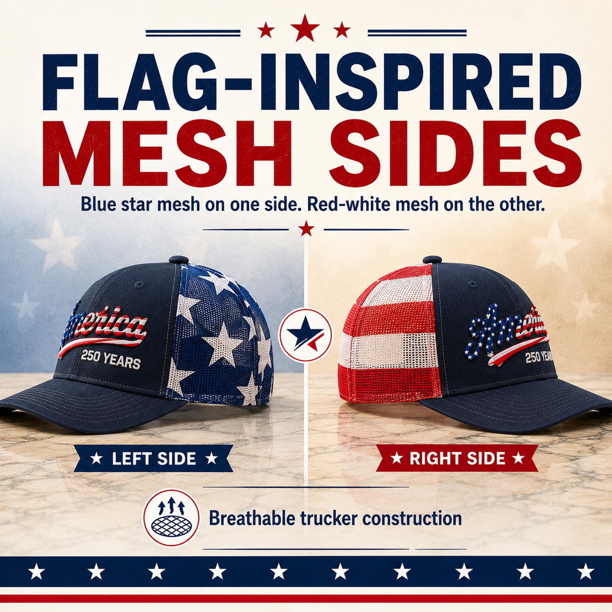 🔥 ❤️ 🇺🇸 America 250 Years Patriotic Embroidered Mesh Trucker Cap