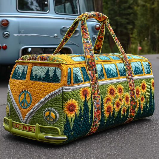 Hippie-style sunflower-patterned quilted travel bag