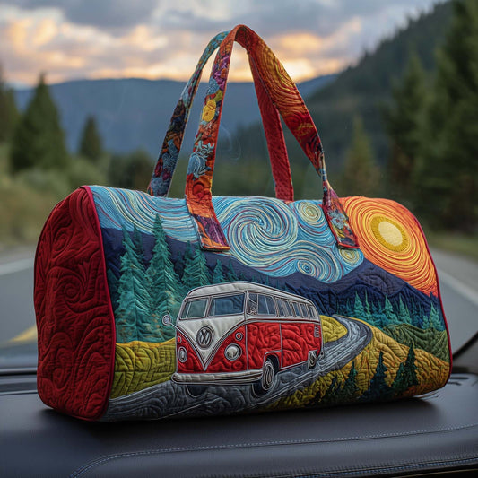 Hippie-style bus-printed quilted travel bag