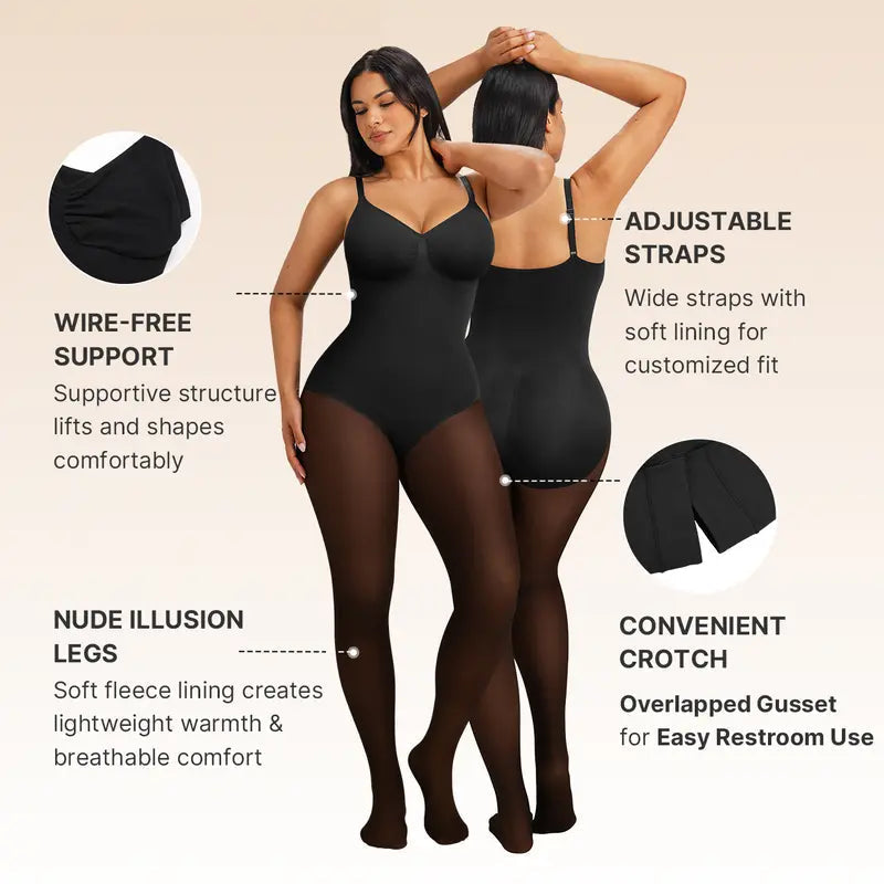 Product diagram showing the shaping bodysuit, adjustable straps and overlapping gusset