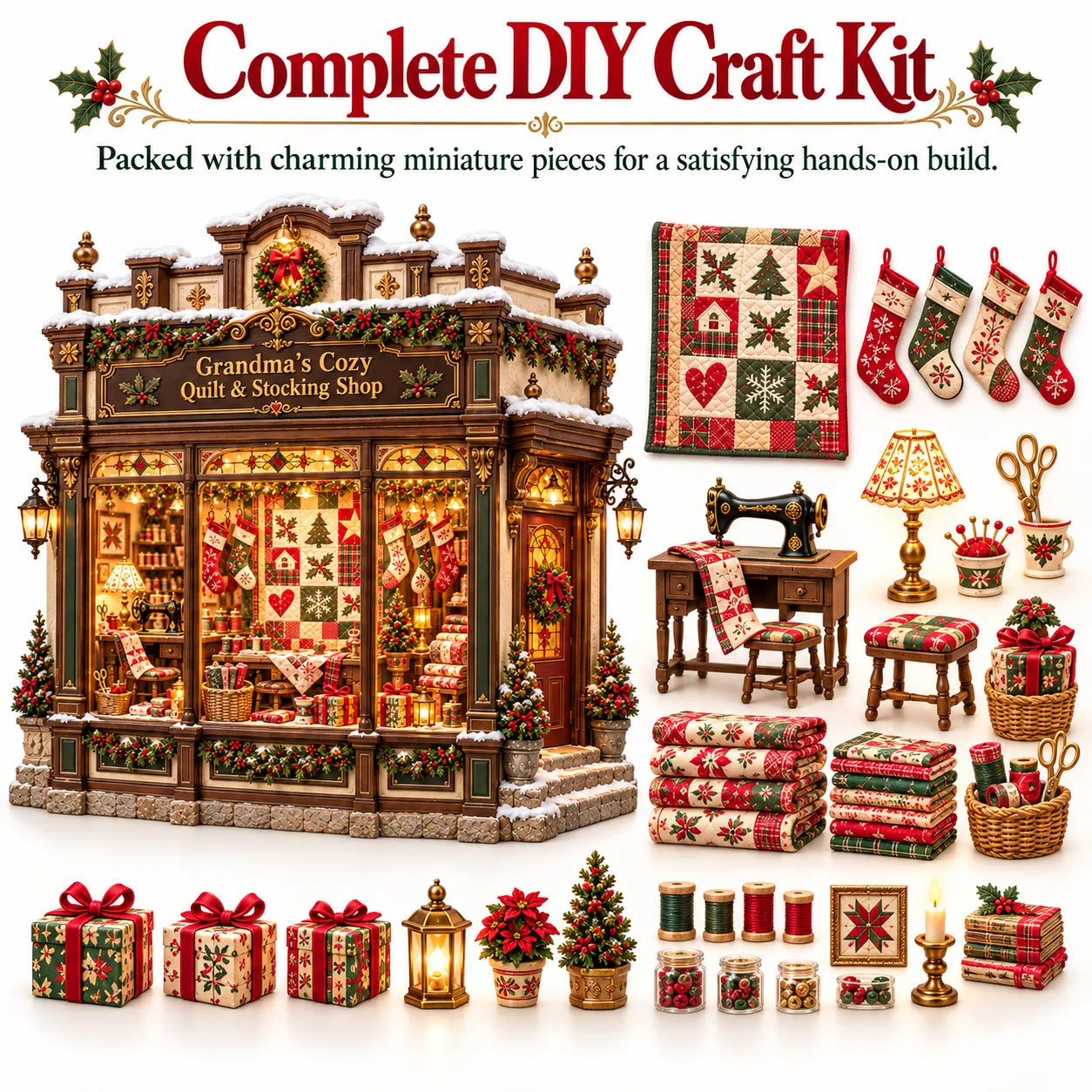 Grandma's Christmas quilt shop miniature with sewing machine fabrics stockings and gifts