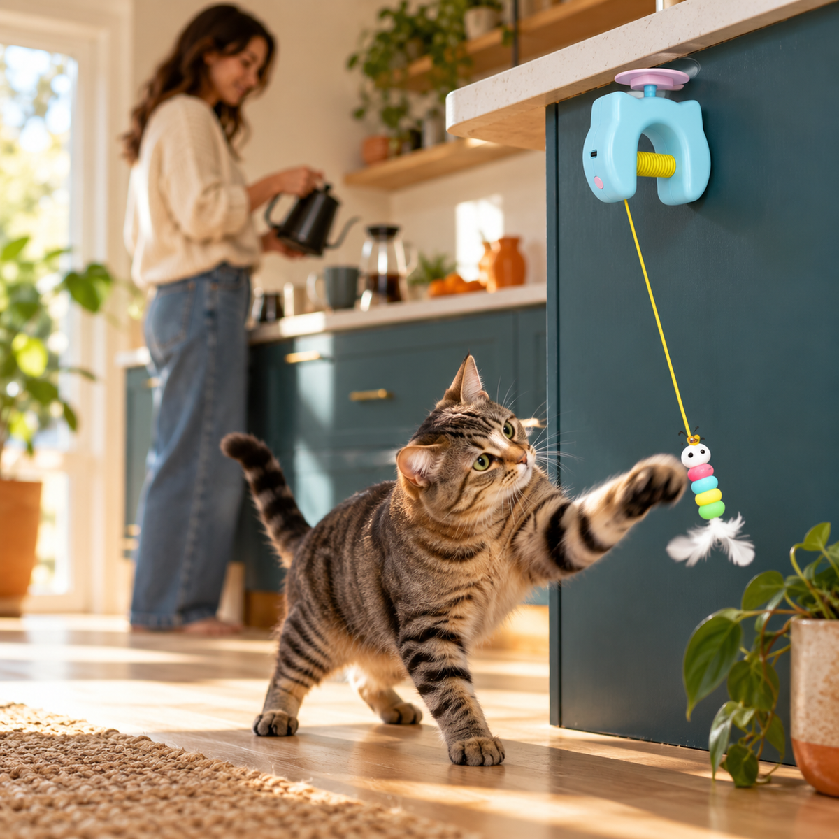 Cat plays with the automatic toy while its owner makes coffee nearby