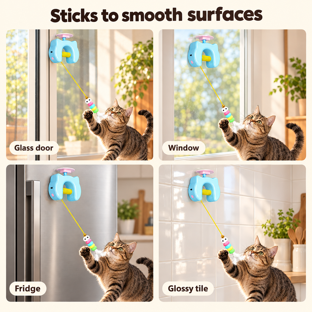 The toy stuck to a glass door, window, fridge and glossy tile