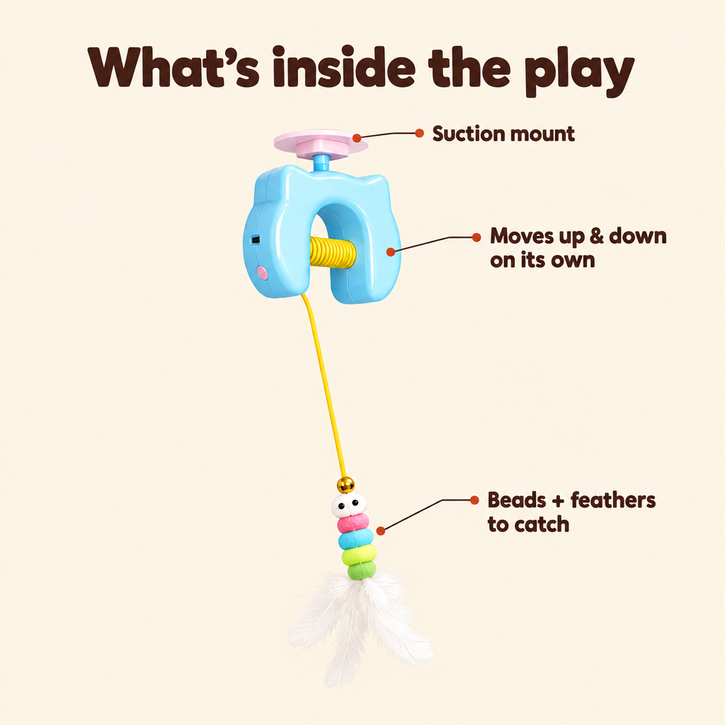 Product diagram: suction mount, moves up and down on its own, beads and feathers to catch