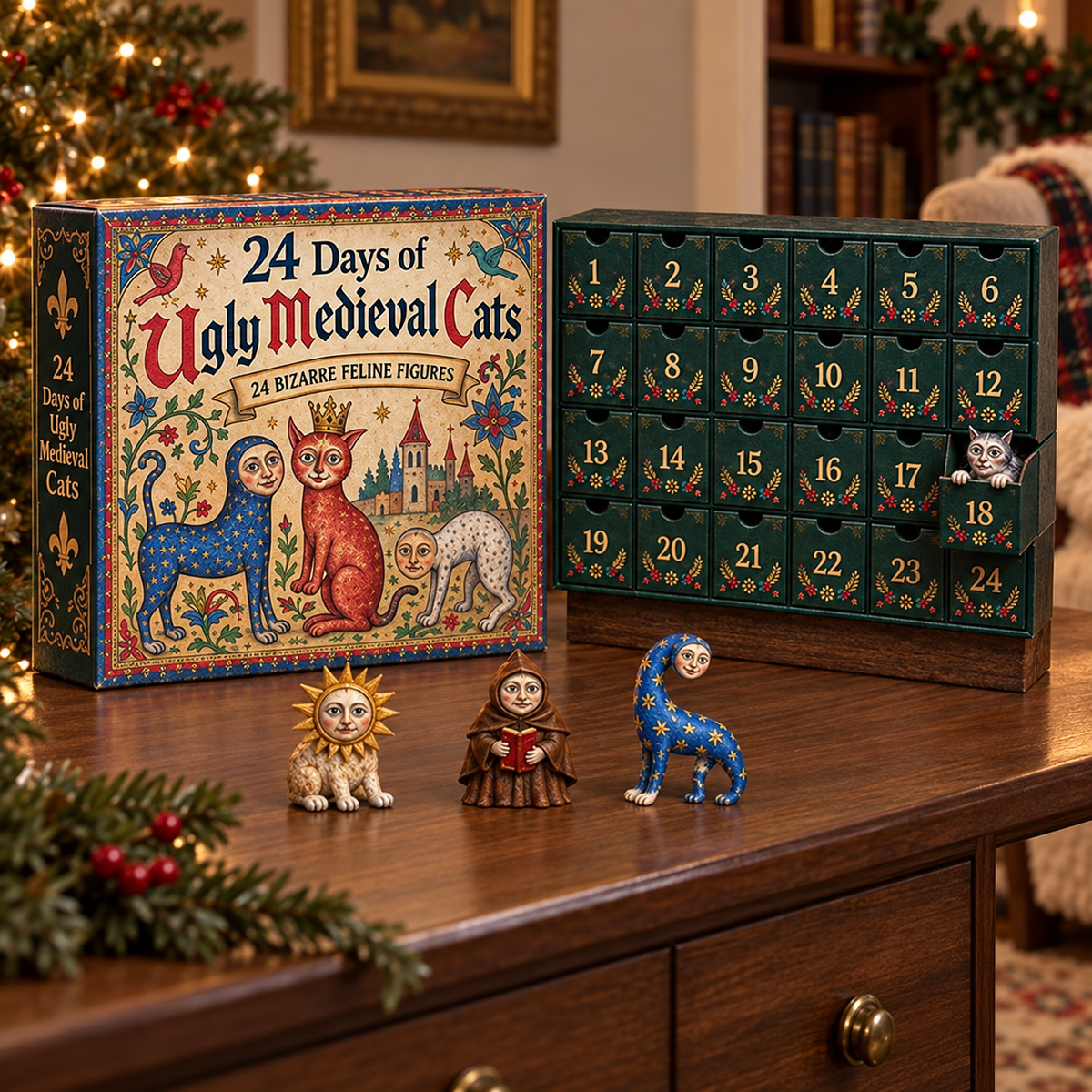 Medieval cat countdown calendar displayed on a table beside Christmas decorations