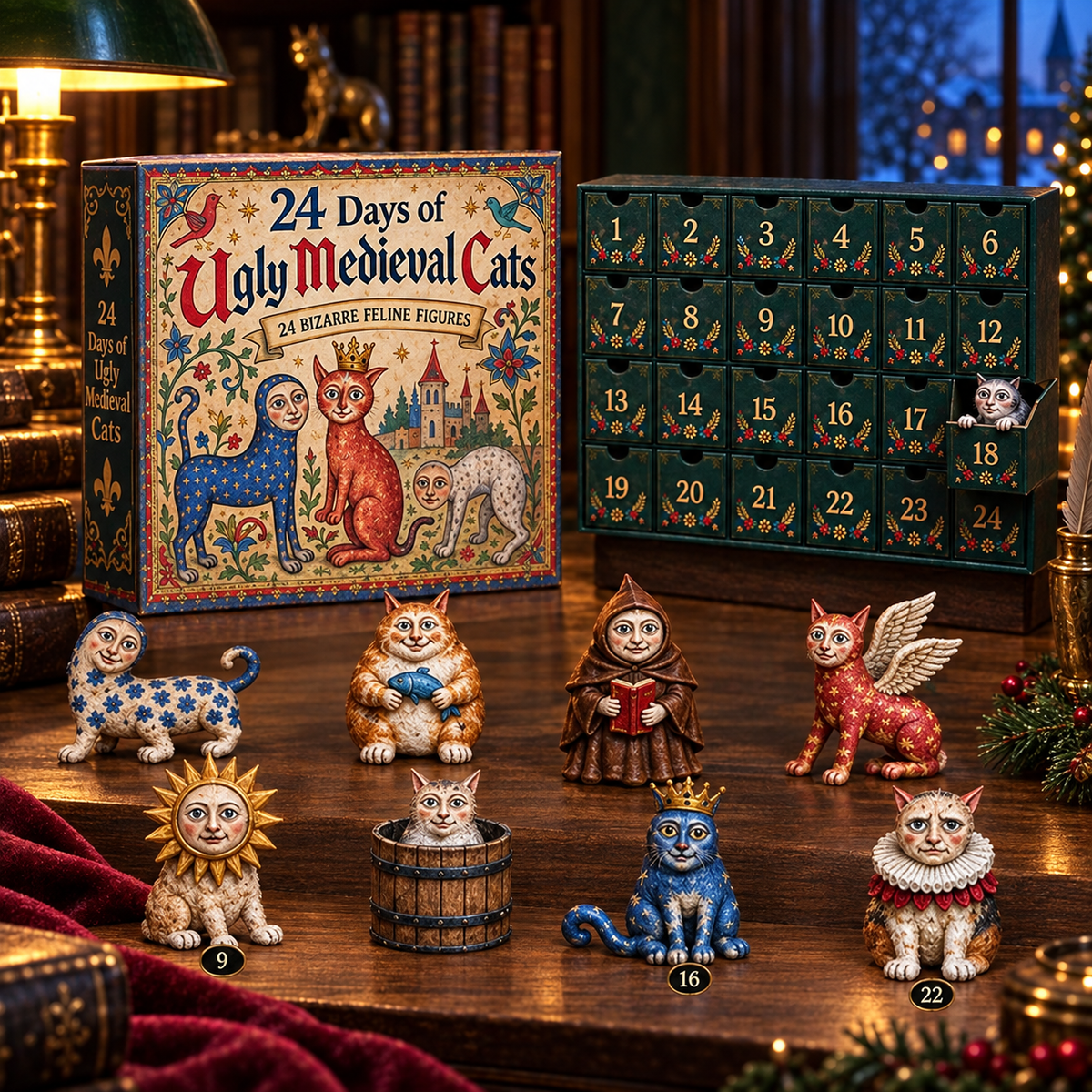 Medieval cat figurine collection and countdown box in a warm library setting