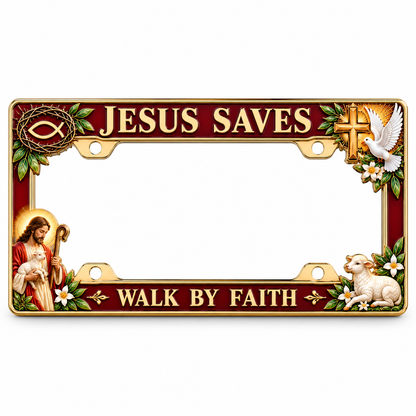 ⭐🐑🕊️ “Jesus Saves – Walk by Faith” Jesus Commemorative Metal License Plate Frame
