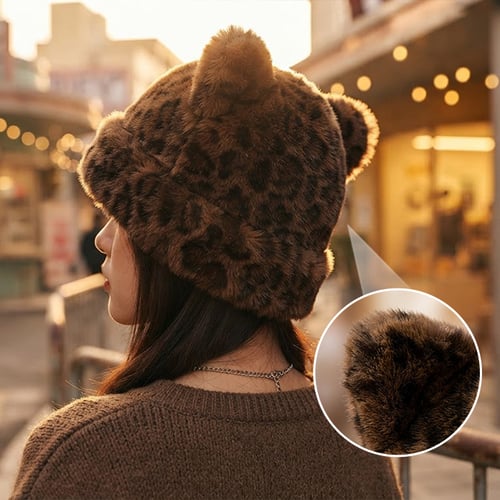Leopard plush cat ear hat winter styling