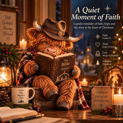 ⏳ 🐮 Highland Cow Bible Nativity Figurine | Bookish Christmas Faith Décor for Shelves, Desks & Meaningful Gifts 🎄