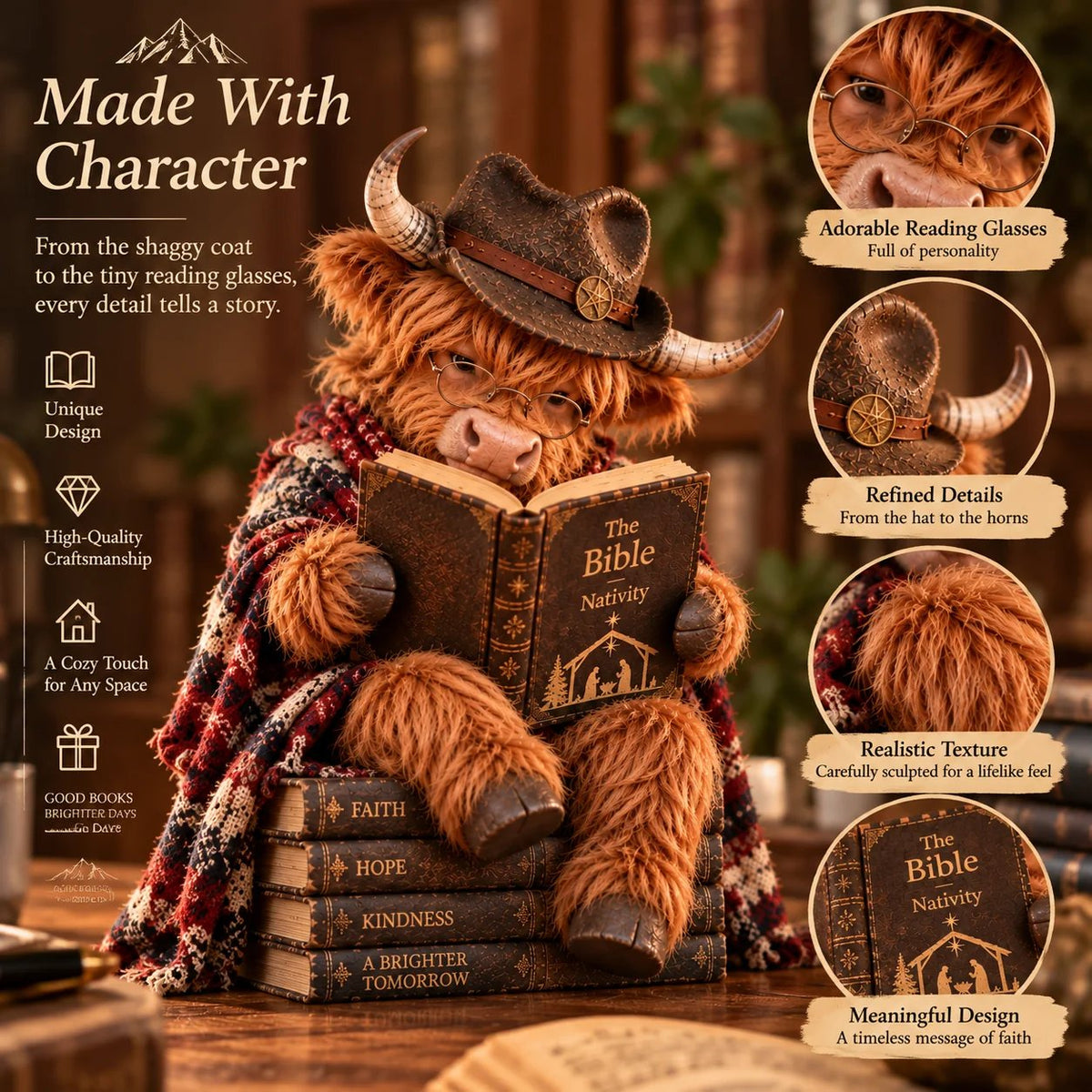 ⏳ 🐮 Highland Cow Bible Nativity Figurine | Bookish Christmas Faith Décor for Shelves, Desks & Meaningful Gifts 🎄