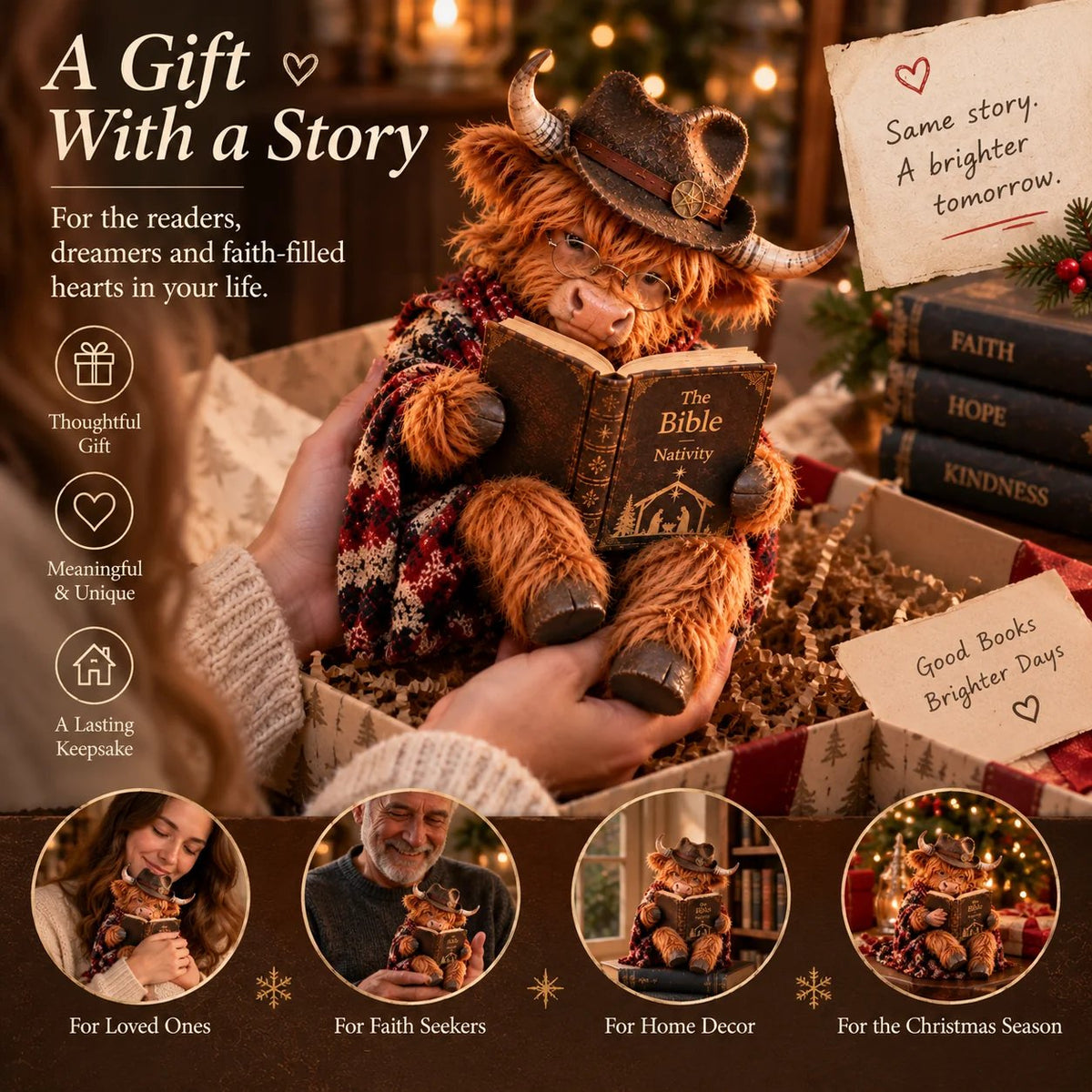⏳ 🐮 Highland Cow Bible Nativity Figurine | Bookish Christmas Faith Décor for Shelves, Desks & Meaningful Gifts 🎄