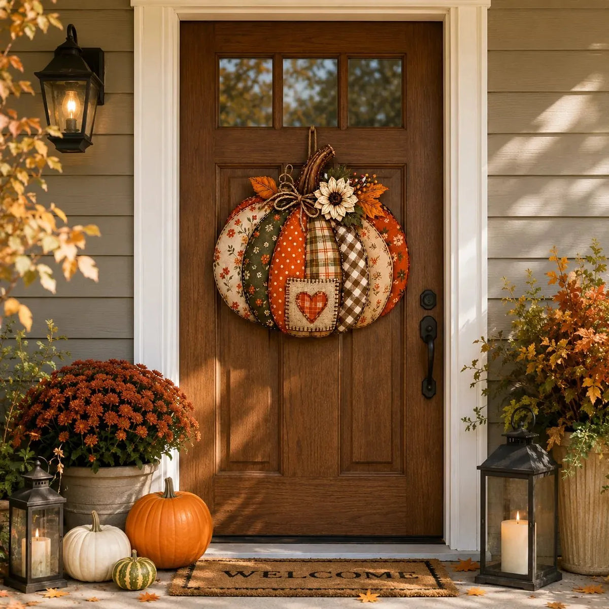 🍂🎃Autumn Retro Patchwork Pumpkin Door Hanging with Lights