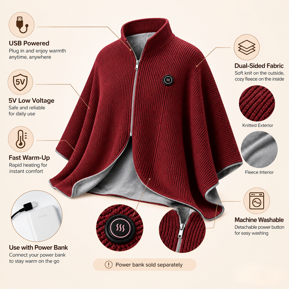 Wearable Heated Shawl 3 Heat Levels Portable Thermal Wrap