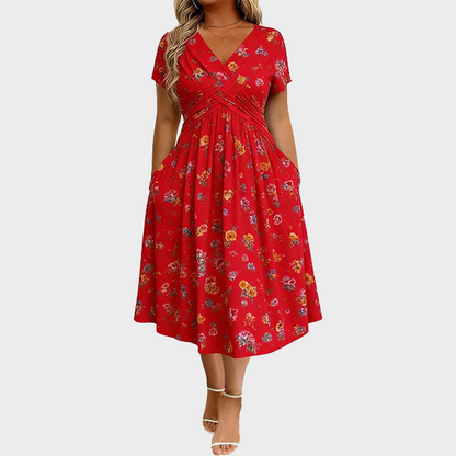 Women's V-Neck Floral Print Dress with Twist Waist