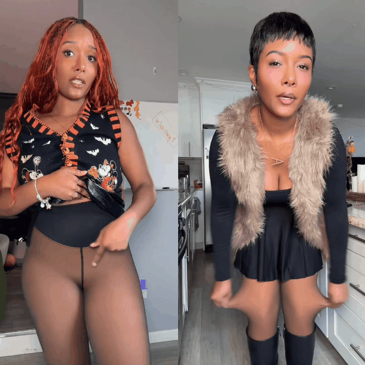 Two women showing the fit of sheer-look leggings in a side-by-side try-on