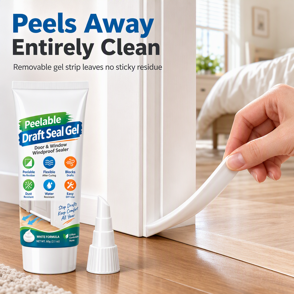 The cured white sealant being peeled from a door frame beside the complete sealant tube